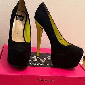 DV by Dolce Vita Black Suede Platform Pumps with Yellow Lining and Heel